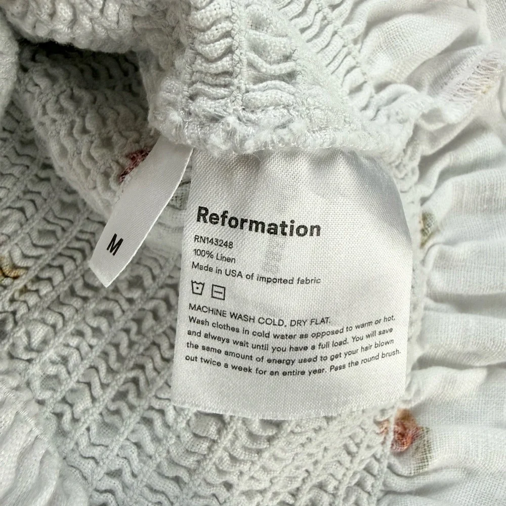 Reformation Tangerine Top 100% Linen Smocked Floral Print in White - Picture 3 of 8